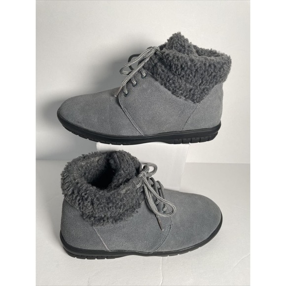 Heavenly Comfort Gray Sherpa Leather Suede Ankle Boots Size 7W Woman’s Booties - Picture 2 of 12